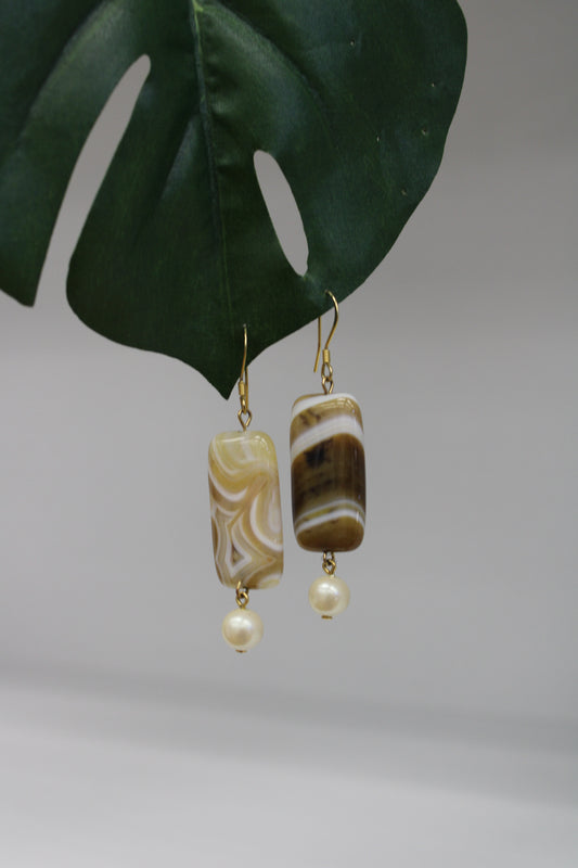 Natural African Botswana Agate Earrings w. Vintage Pearls