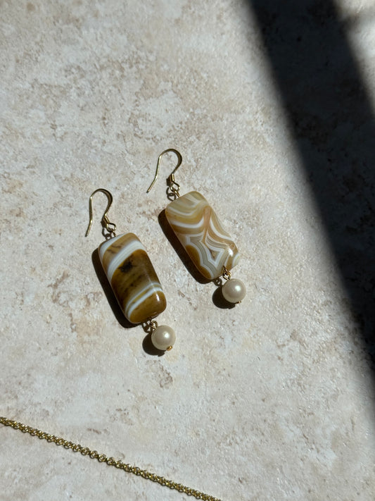 Natural African Botswana Agate Earrings w. Vintage Pearls