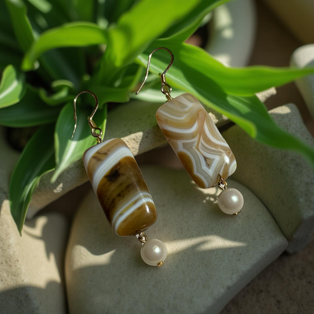 Natural African Botswana Agate Earrings w. Vintage Pearls
