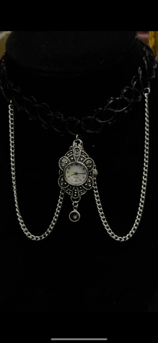 Timeless Statement Choker (Black w. Silver Chains & Watch)