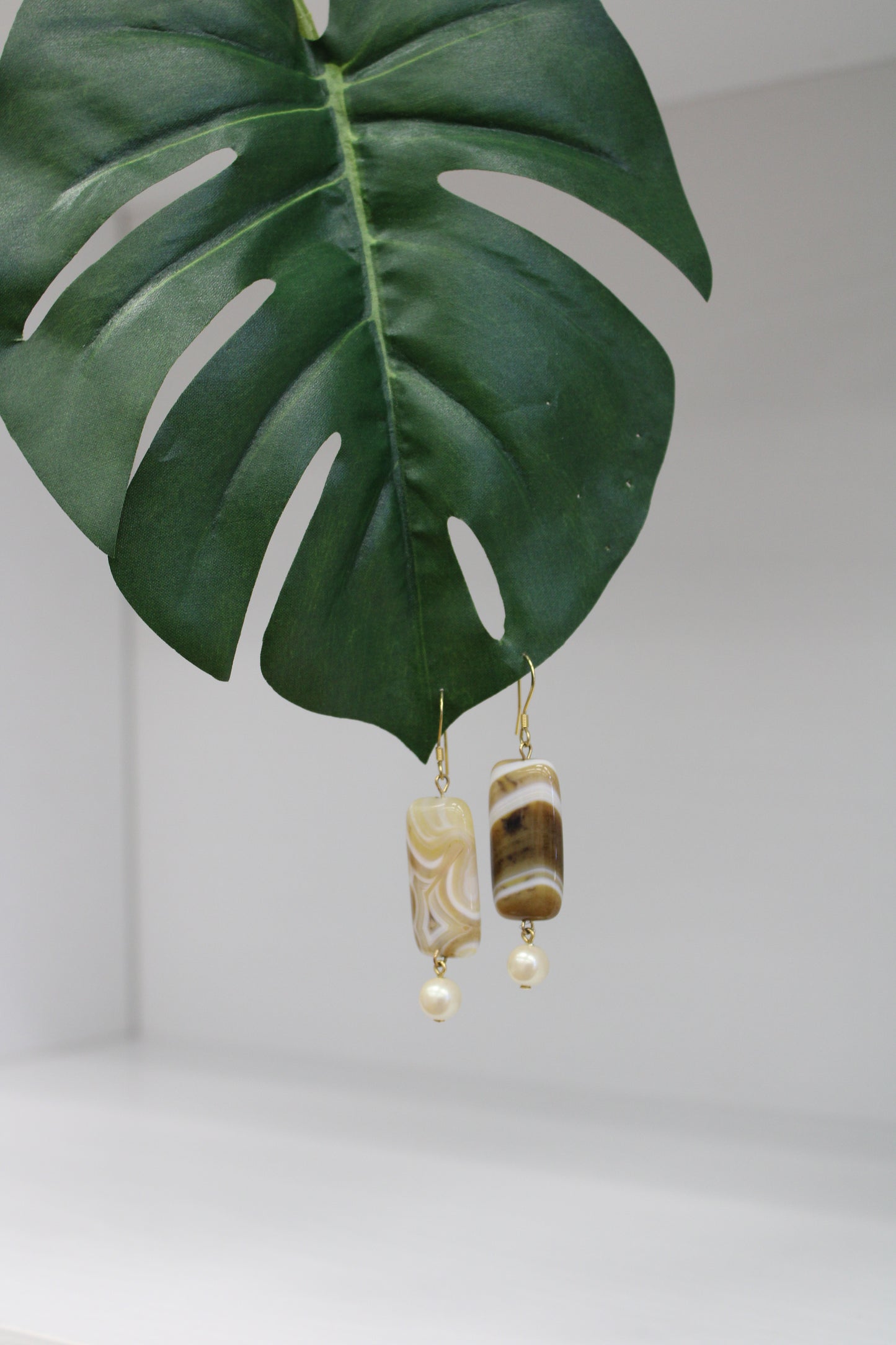 Natural African Botswana Agate Earrings w. Vintage Pearls