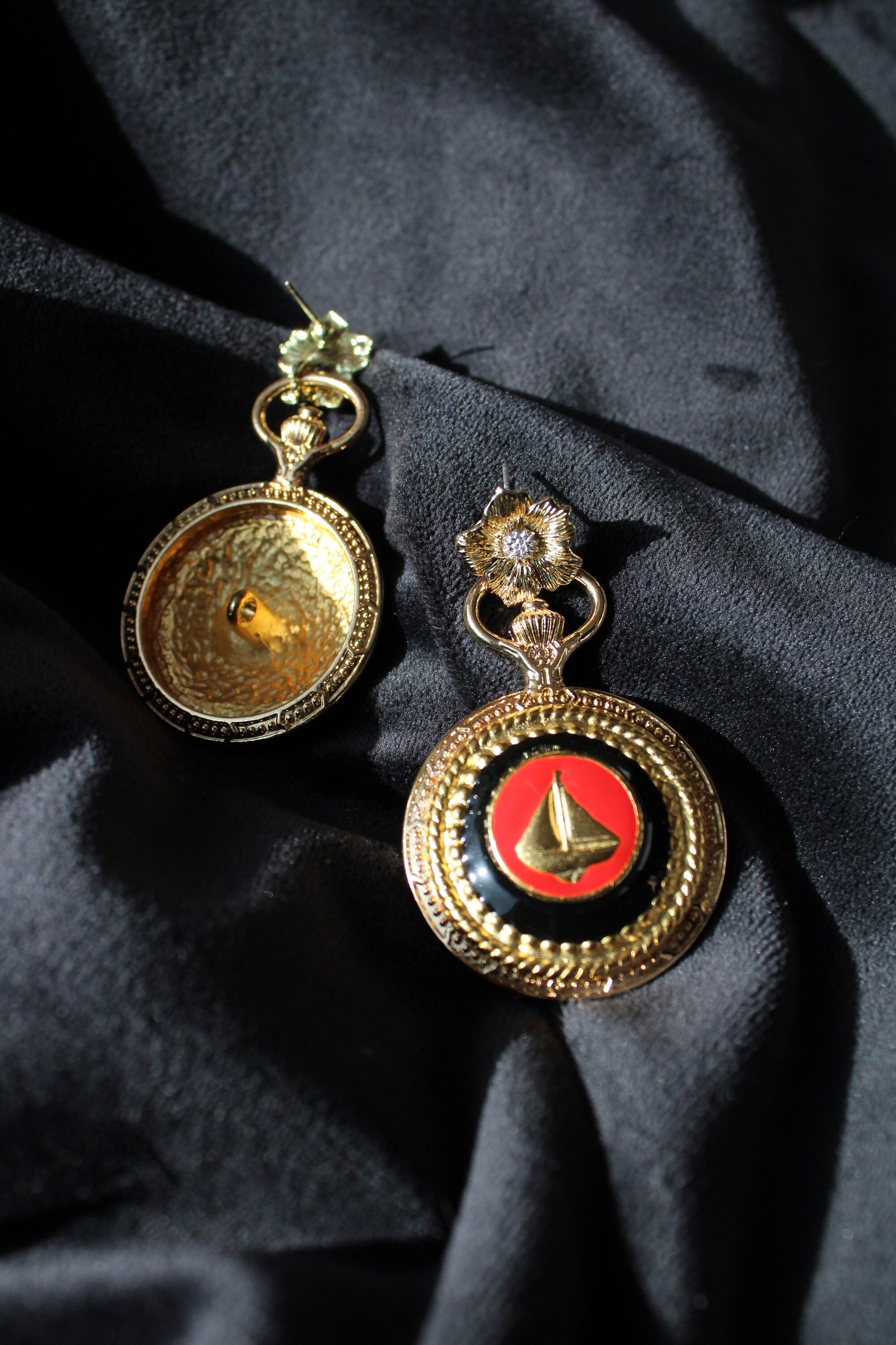 Red Sailboat Button & Flower Earrings