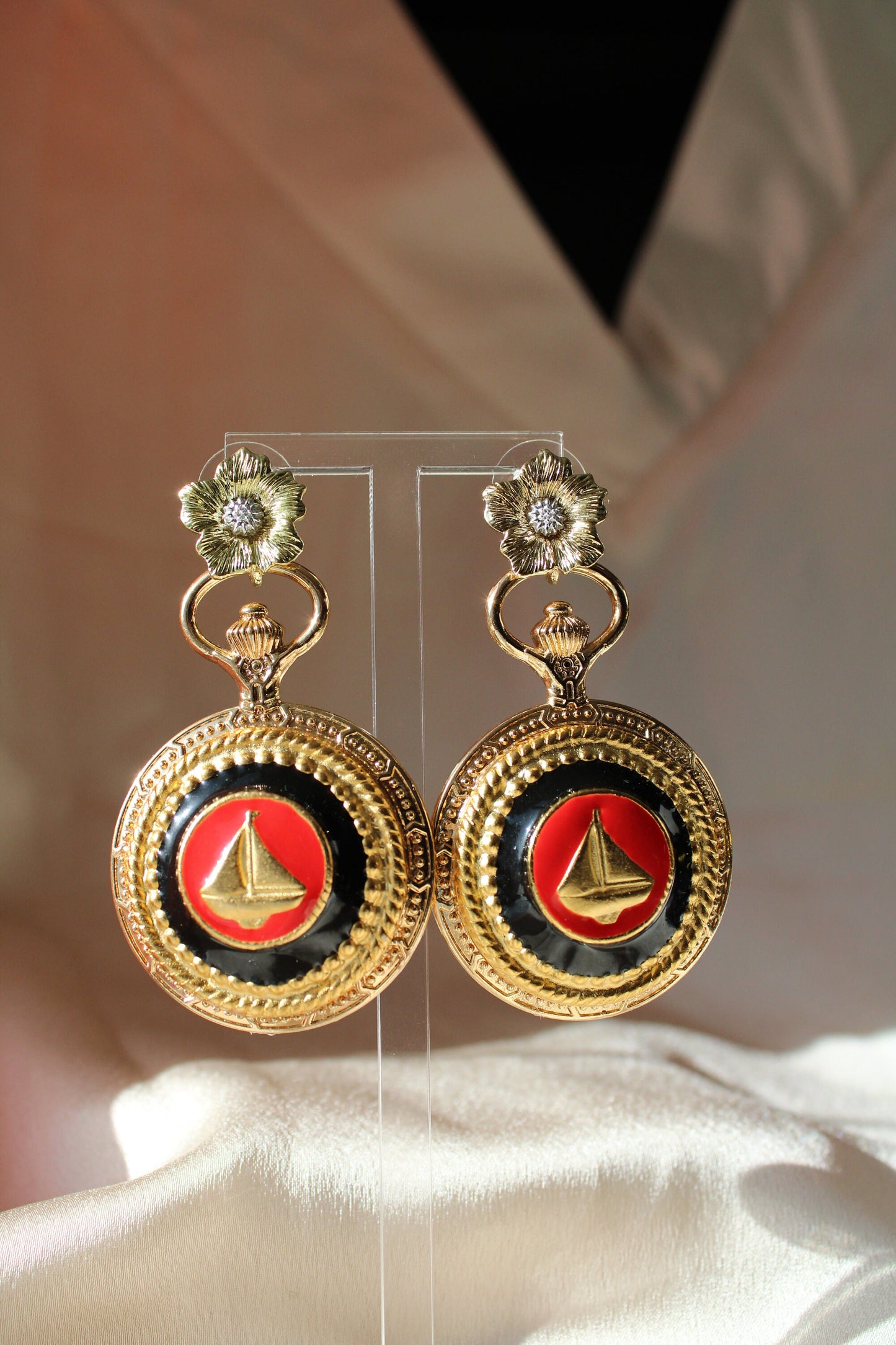 Red Sailboat Button & Flower Earrings