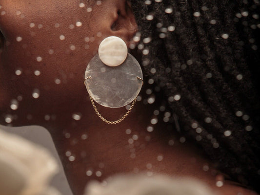 White cream Capiz shells on mother of Pearl beads.